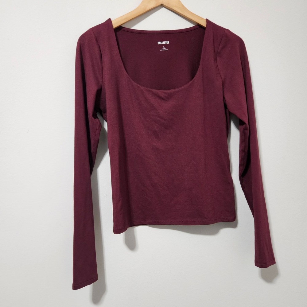 Hollister Womens Burgundy Square Neck Long Sleeve Top Maroon Large L